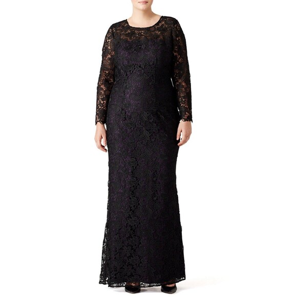 MONIQUE LHUILLIER Maxi Dress 12 Black Lace Tower Gown Crew Long Sleeve Formal